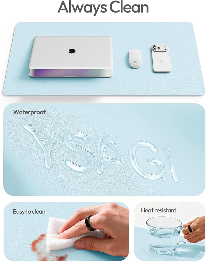 YSAGi Leather Desk Protector, Office Mat, Large Mouse Mat, Non-Slip PU Leather Blotter, Laptop Desk Mat, Waterproof Writing Pad for Office and Home(Baby Blue, 63" x 24") - Image 7