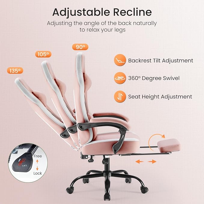 DUMOS Ergonomic Gaming Chair with Footrest, Video Game Chairs | Comfy Lumbar Support, Linkage Armrests, Tech Fabric, Pocket Spring Cushion, Office, Adults Students, Pink - Image 4