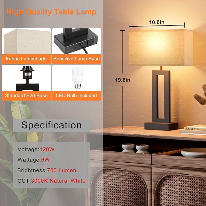 19.6" Touch Lamps for Nightstand, 3 Way Dimmable Bedroom Lamp, USB C+A - Image 6