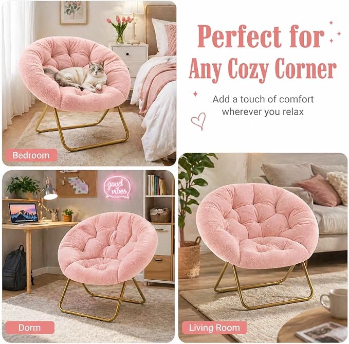 Simple Deluxe Comfy Chairs for Bedroom, Faux Fur Saucer Chair for Adults, Oversized Comfy Soft Saucer Chair, Padded Lazy Chair for Living Room Dorm Rooms, Pink - Image 5
