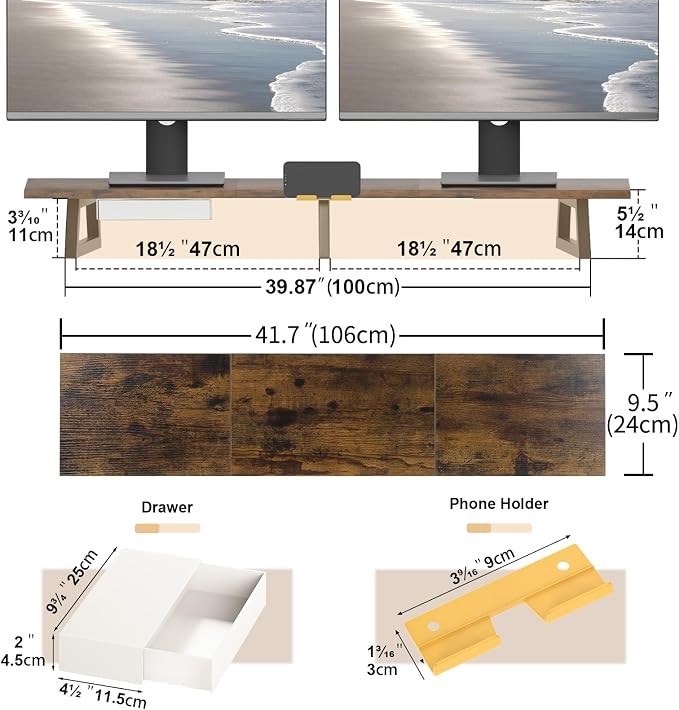 TEAMIX 42 inch Dual Monitor Stand with Storage Drawer & Phone Holder, Brown | Laptop, PC, Printer, TV Stand Riser, Wood & Steel, Holds 300lbs, Keyboard & PS5 Storage underneath, For Home Office & Gaming - Image 4