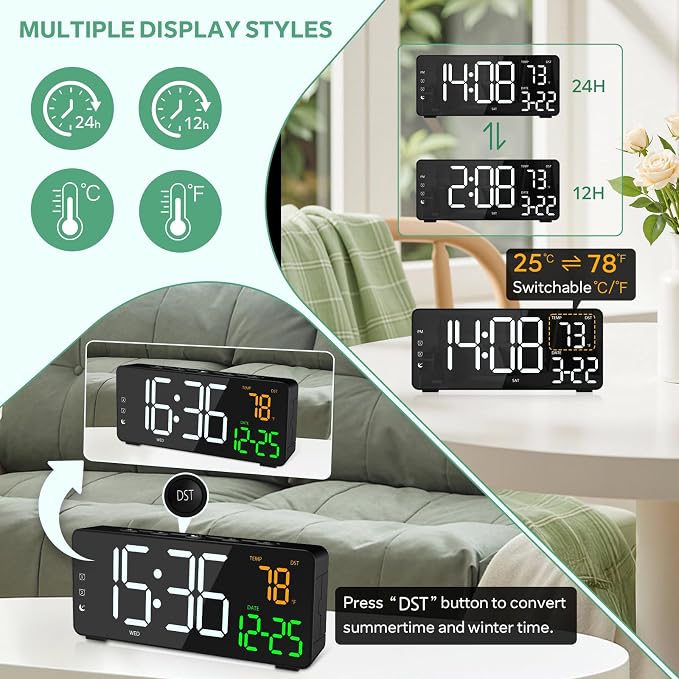 Digital Alarm Clocks for Bedrooms, RGB Desk Clock with 15 Color Display, Date Temperature and Weekday, DST, Snooze, 2 Alarms, Ambient Lighting for Living Room, Bedside Office Gaming Desk Decor - Image 6