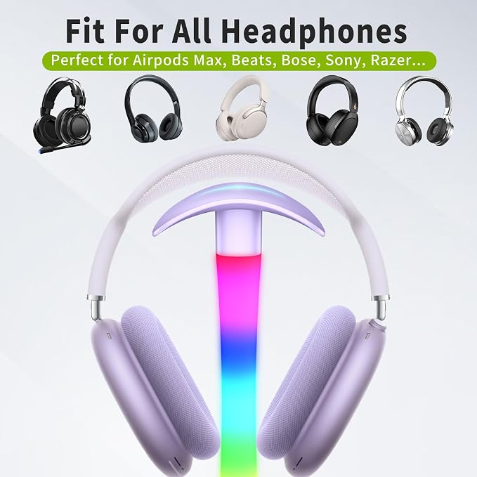 Headphone Stand with Charger,Gaming Headset stand with RGB Light Mode,For Airpod Max Stand,Desk Lamp,Phone Holder,Tablet Holder,desktop organizer,Gifts for Gamers & Music Lover (Purple) - Image 4
