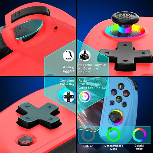 Joso Mobile Gaming Controller for iPhone/iPad/Tablet, Android Wireless Controller with Hall Effects Joysticks, Support PC/Switch, Play Cloud Games/PS Remote Play/COD/Genshin Impact & More - Blue+Red - Image 5