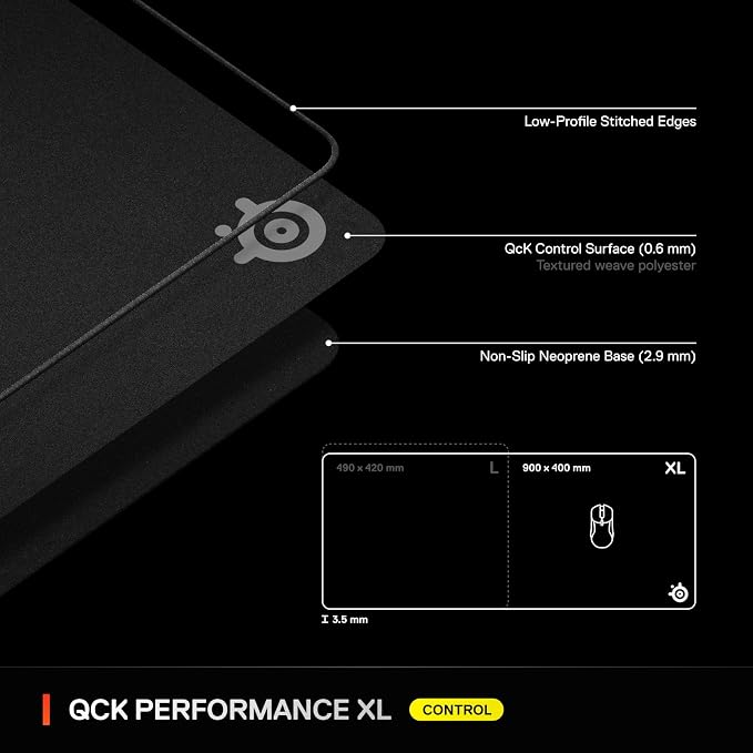 SteelSeries QcK XL Performance Control Gaming Mousepad — Extra Density for a Smooth Glide — Low-Profile Edge Stitching — Non-Slip Neoprene Rubber Base — 15.75 x 34.43 inch — FPS, MOBAs, RTS, MMO - Image 7