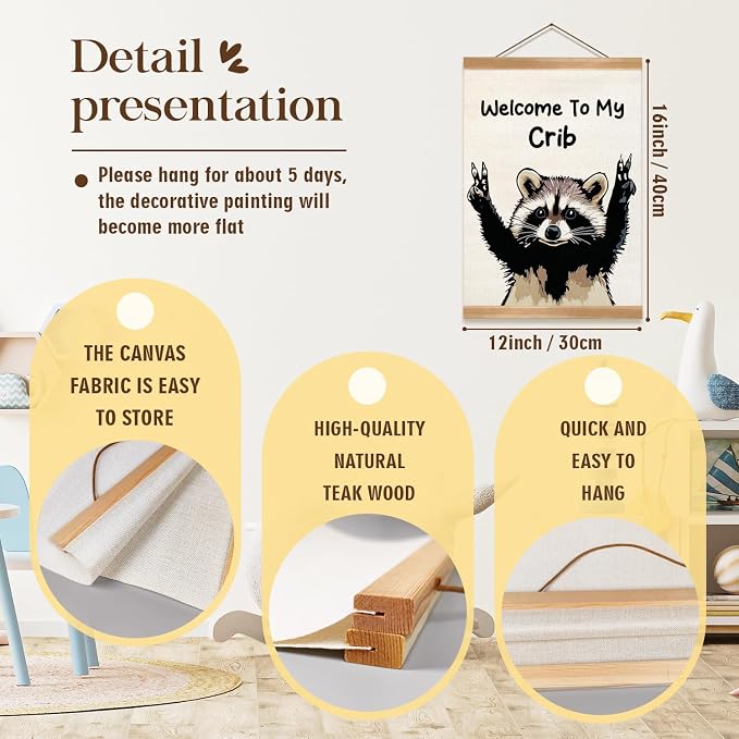 ZTGDA Welcome to My Crib Wall Art,Funny Raccoon Poster Durable Man Cave Wall Decor,Raccoon Canvas Hanging Sign for Entryway, Dorm Room, Nursery or Bedroom Decor (My crib raccoon) - Image 2