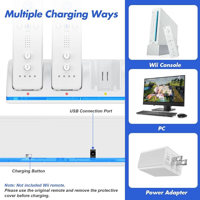 KEKUCULL Remote Controller Charger Station for Wii/Wii U with 4 Pack 2800mAh Rechargeable Battery Pack, Charging Dock Station for Wii Controller, Remotes are not Included - Image 3