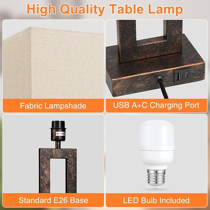 Seealle 22" Tall Living Room Lamps for Night Stands - Touch Bedside Lamp with USB C+A, 3 Way Dimmable Bedroom Lamps for End Tables Set of 2, Modern Night Stand Lamp for Bed Side(Beige&Brown) - Image 5