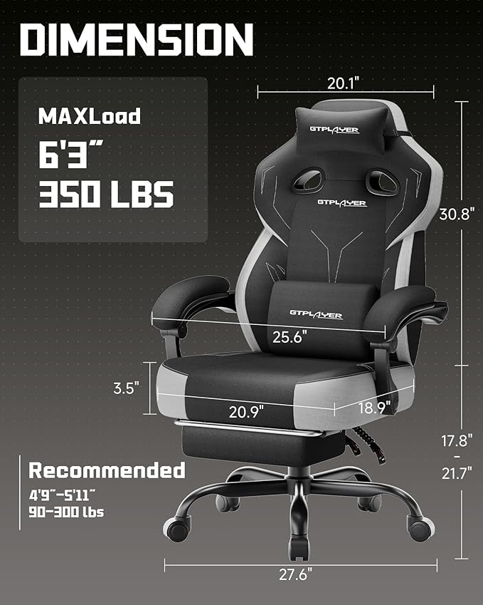 GTPLAYER Big & Tall Gaming Chair, Wide Seat with Footrest, Black | Ergonomic High Back Computer Desk Chair for Adults, Comfort Padded Seat with Lumbar Support Armrests Recliner for Office/Home - Image 3