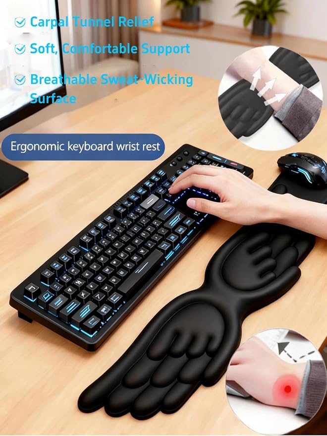 inbesk Angel Wing Wrist Rest Ergonomic Memory Foam Wrist Rest for Computer Keyboard Mouse Set, Cute Gaming Keyboard Cushion Hand Support PU Leather Surface Anti-Slip Waterproof Dirt Resistant (Black) - Image 5