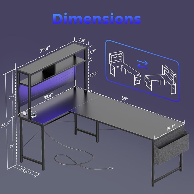 Mericonia 59 inch L Shaped Desk with Pegboard, Large Corner Gaming Desk | Reversible Computer Desk with Hutch, Power Outlets, LED Light & Storage Bag, Office Table for Home Bedroom Study Work Writing - Image 2