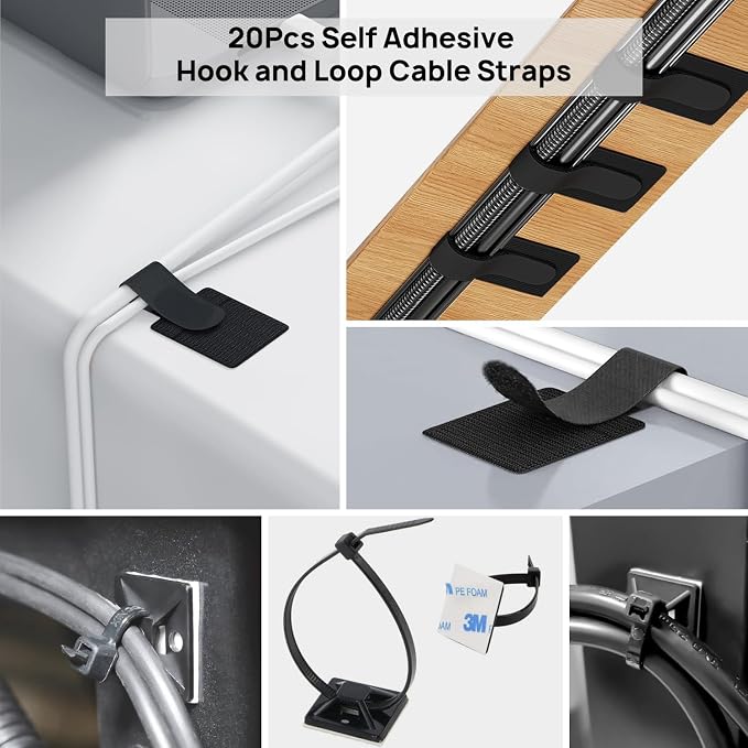 Cable Management Kit - 4 Cable Sleeve, 57 Self Adhesive Cable Clips, 12 Hanging Strips, 12 Cable Organizer Straps and 100 Fastening Cable Ties for TV Computer Under Desk (Black and White) - Image 6
