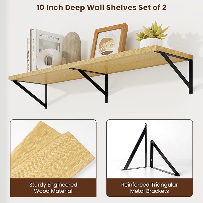 Axeman Deep Floating Shelves, 40'' x 10'' Oak Wall Shelves Set of 2 - Image 5