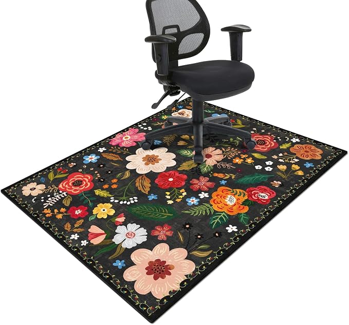 Office Chair Mat for Hardwood & Tile Floor,Boho Floral 60"x48" Office Computer Chair Mat for Rolling Chairs,Under Desk Non Slip Gaming Rug,Rubber Backing Large Low-Pile Carpet Protector Mat(Black) by puwbnhj