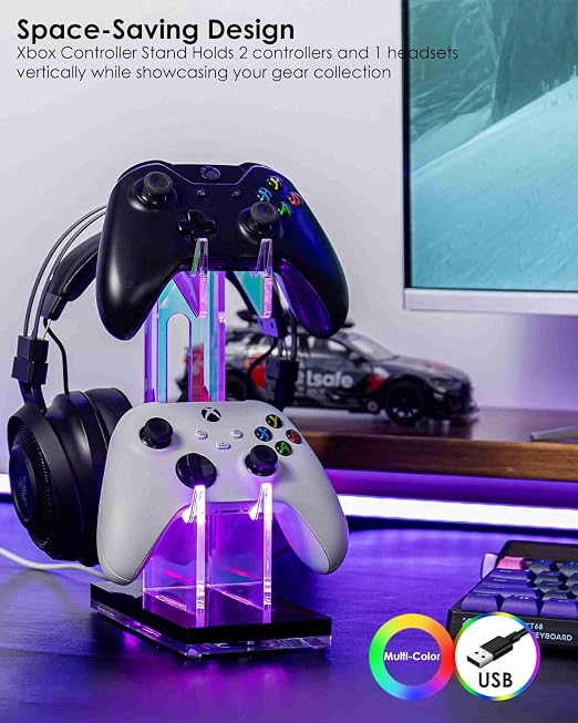 OAPRIRE RGB Controller and Headset Stand with 21 Light Modes, 2 Tier | Acrylic Game Controller Stand for Desk, Stabilized Base, Gamer Gift for PS5 PS4 Xbox Controllers, Desk Accessories, Black - Image 3