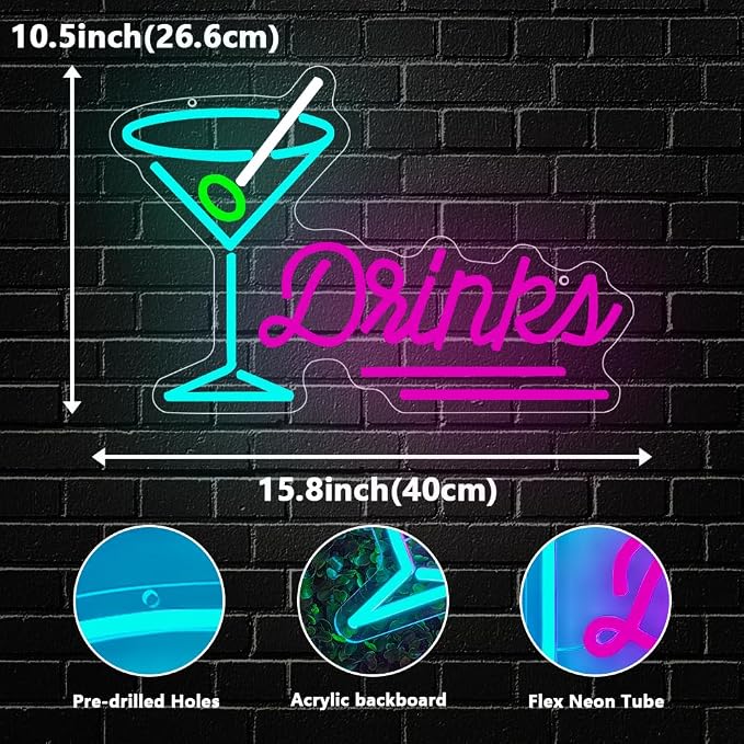 Cocktails Neon Sign, Drinks LED Neon Signs for Wall Decor LED Light for Party Cocktails Bar Pub Night Club Home Man Cave Martini Decoration USB Powered(15.8"*10.5") - Image 3