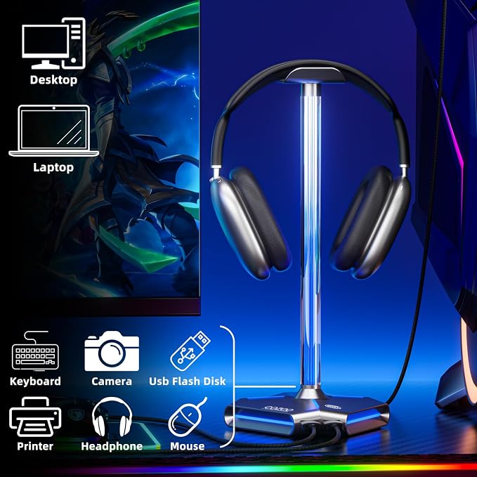 cozoo Desk headset stand Touch RGB Light Stand 4 Color Modes 2 USB Grey | Headphone Stand for Desk with 4 Fixed Colors & RGB Cycle Lighting,Built-in 2 USB2.0 Charging Ports, for Most Gaming Headsets - Image 3