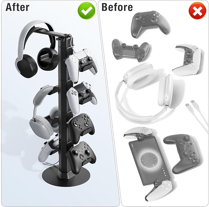 Controller & Headset Holder Stand for Desk, with Charger Cable Organizer Headphone Stand for PS5/ Xbox/ PS4/ Switch, Metal Base Controller Hanger Hook for Storage Earphones, Game Console, Mobile Phone - Image 5