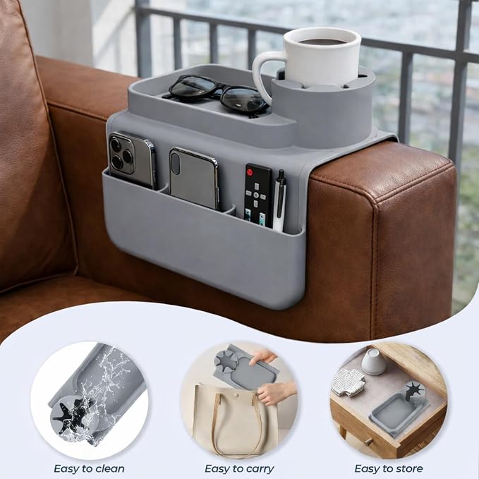 Silicone Couch Caddy Cup Holder Tray, 3-Side Sofa Armrest Organizer with Secure Gear-Shaped Locking Holder & Large Tablet Slot, Non-Slip Weighted Armchair Caddy, Couch Accessories (Grey) - Image 6