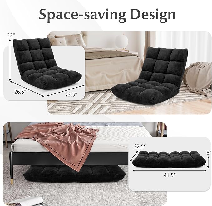 14-Position Floor Sofa, Folding Gaming Sofa Chair, Comfy Cushions & Study Steel Frame, Angle Adjustable Sleeper Bed, Couch Recliner (Black) - Image 5