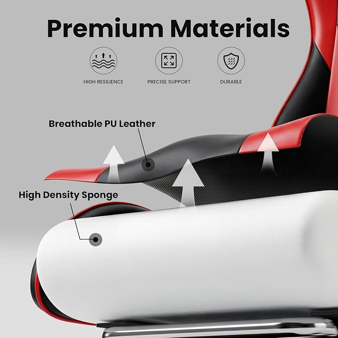 Gaming Chair, Ergonomic Footrest, Lumbar & Headrest(Red Black) | Steel frame, PVC leather & memory foam; 330 lb; 21" seat; 360° swivel, 90–155° recline; easy assembly; gaming & work - Image 7