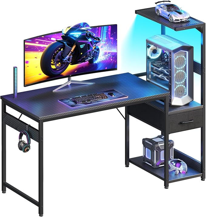 Casaottima 48'' Gaming Desk with LED Lights & CPU Stand, Reversible Computer Desk with Storage Shelves & Fabric Drawer, Modern PC Gamer Table with Headphone Hook, Carbon Fiber Black by Casaottima