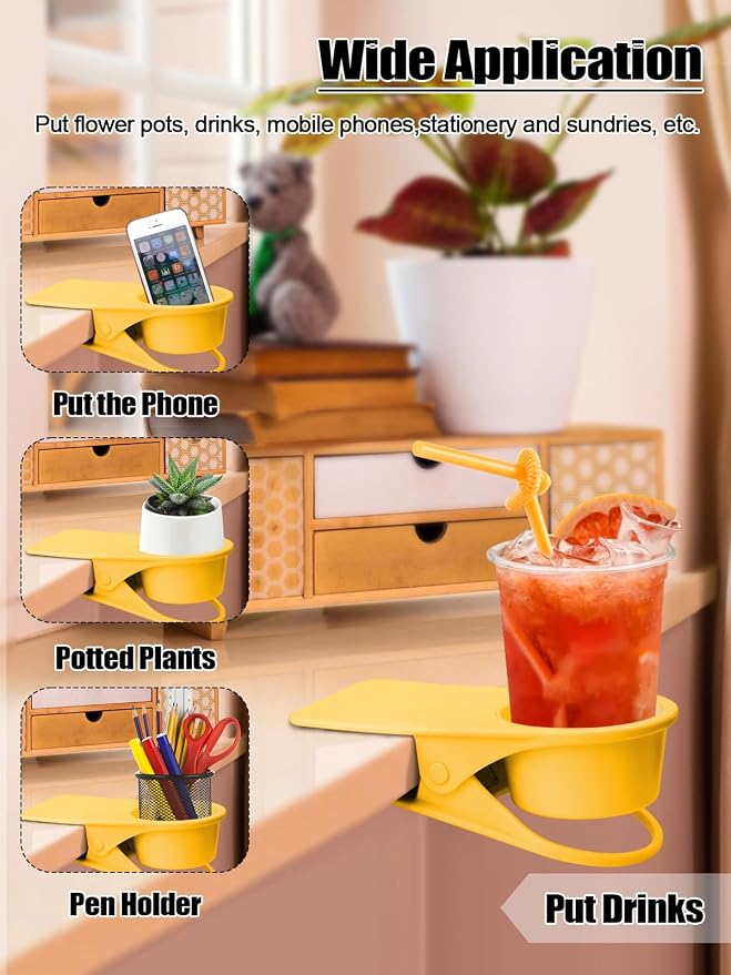 2PCS Clip on Cup Holder for Chair, Kalolary Desk Drink Holder Clamp, Yellow - Image 6