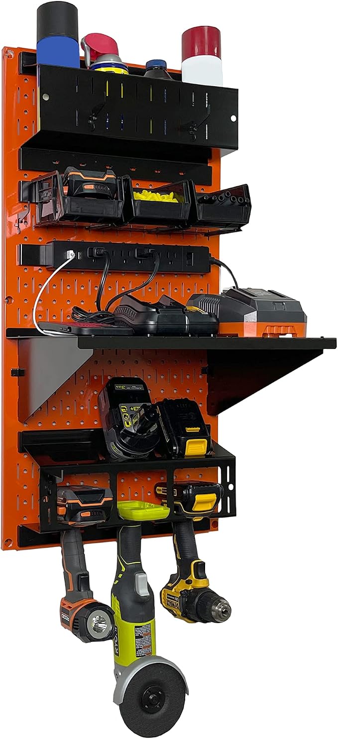 Wall Control Power Tool Storage Organizer Kit Cordless Drill Holder Charging Station Rack 16” x 32” Metal Pegboard Organization System (Orange Pegboard) - Image 3
