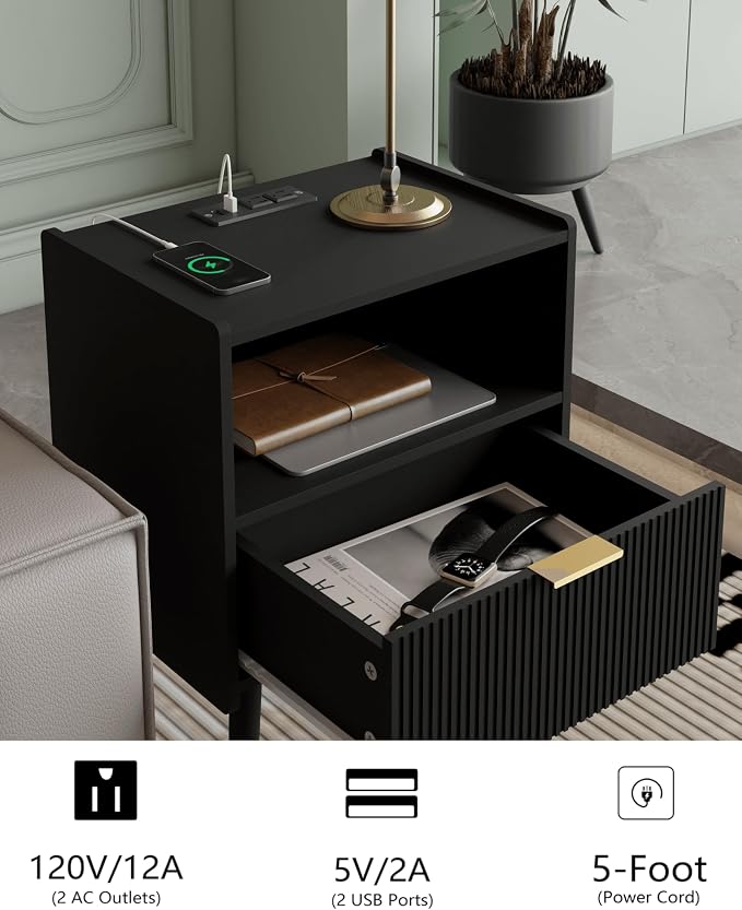 Veegle Nightstand,Modern Bedside Table with Storage Drawer and Open Wood Shelf, Accent Night Stand with Solid Wood Legs for Living Room, Bedroom and Small Spaces,Easy Assembly (Black-Outlet) - Image 4