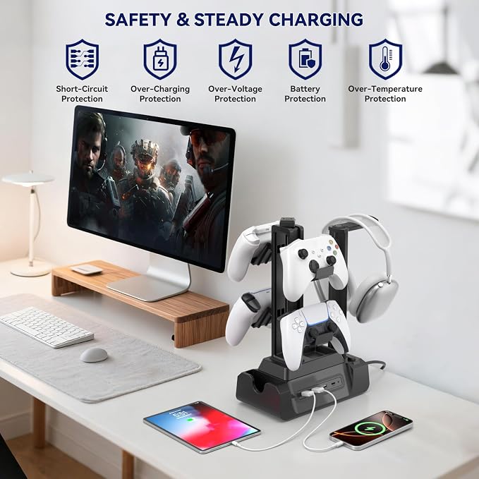 KDD Charging Station for Multiple Devices - 4 Ports Charging Dock with Controller and Headset Stand - 3 USB A & 1 USB C for Cellphone Tablet and Other Electronic - Multi Storage for Gaming Accessories - Image 5