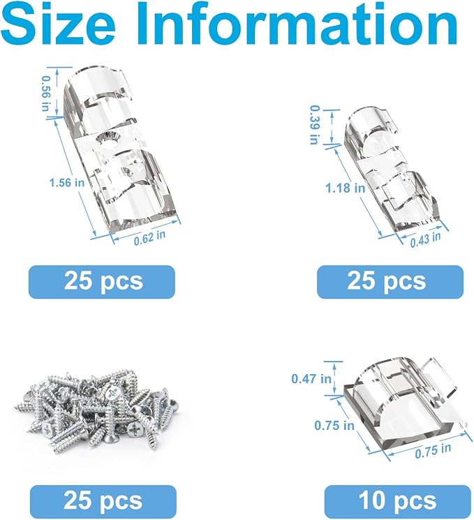 TidyHelper Adhesive Cable Clips Clear (M&L Sizes, 60 PCS), Indoor/Outdoor - Image 2