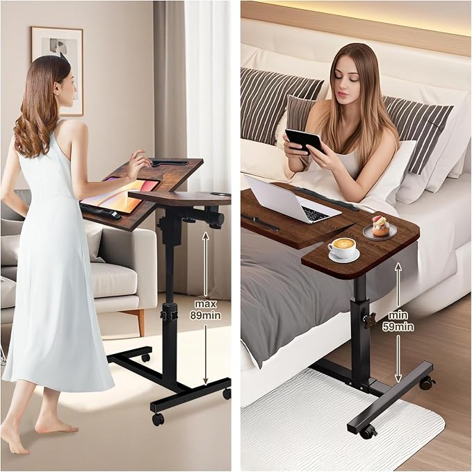 Overbed Table with Wheels Adjustable Height, Tiltable Desktop with Tray, Over Bed Table Rolling Bedside Tables, Medical Mobile Standing Desk, for Hospital Office Bedroom Sofa, Brown - Image 5