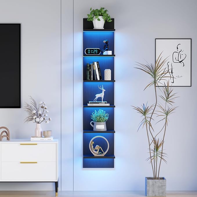 Qupui 6-Tier Wall Shelf with LED Remote, 57" Floating Storage, Black by Qupui