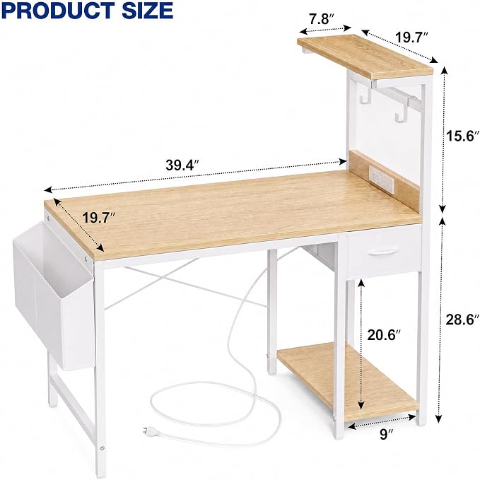 Grandder Computer Desk 40 Inch with Power Outlet and LED Light Oak - Image 3