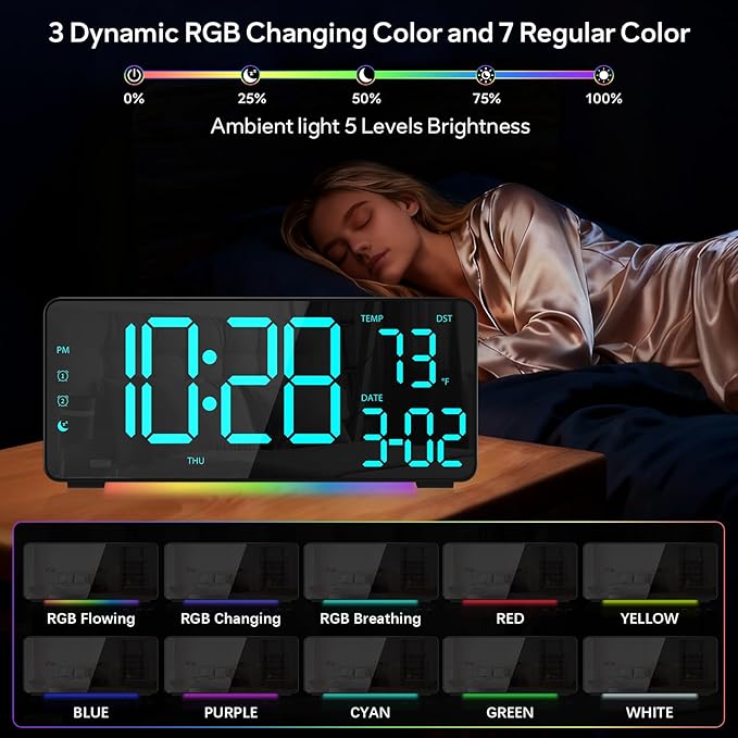Digital Alarm Clocks for Bedrooms, RGB Desk Clock with 15 Color Display, Date Temperature and Weekday, DST, Snooze, 2 Alarms, Ambient Lighting for Living Room, Bedside Office Gaming Desk Decor - Image 2
