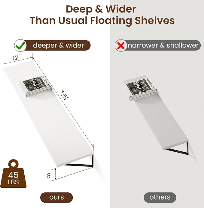 Axeman Floating Shelves for Wall White - 55 Inch Wide x 12 Inch Deep Wall Shelves Set of 2 - White Deep Wood Floating Shelves for Living Room Bedroom Laundry Room - Image 2