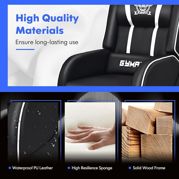 GYMAX Gaming Recliner, Massage Gaming Chair with Adjustable Backrest Footrest, Remote Control & Side Pocket, Ergonomic Game Lounge Chair, Racing Style Single Theater Seat Game Sofa for Adults (White) - Image 8