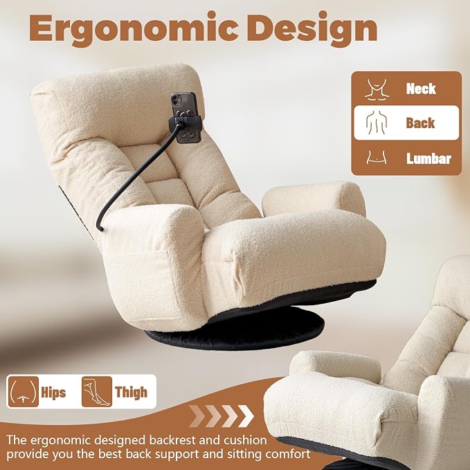 Teddy 360° Swivel Floor Gaming Sofa Chair - Beige | Adjustable Head & Waist Support, Padded Cushion, Folding Gaming Lounge Chair with Armrests & Phone Holder | Home Office - Image 6