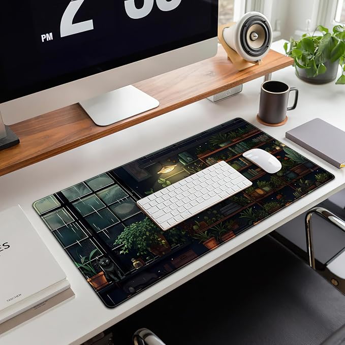 Lofi Cat Desk Mat Dark Green Plant Books Desk Pad Black Cat Aesthetic Anime Big Mouse Pad Large Gaming Mousepad XL Cool Keyboard Pad Deskmat Laptop Computer Mouse Mat 31.5X 15.7in - Image 4