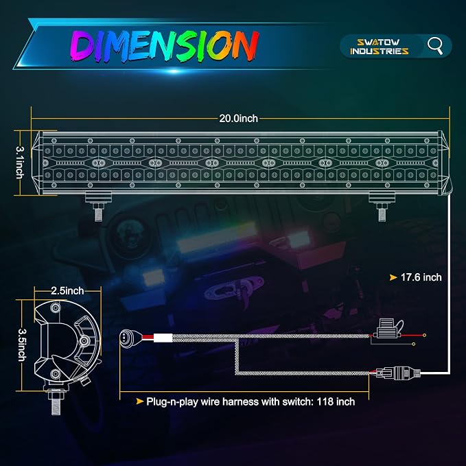 20 Inch Light Bar RGB Color Chasing LED Light Pods RGBW Multicolor Light Bar 20" RGB Offroad Lights for Wrangler F150 Toyota Chevy Ram Truck Pickup SUV UTV ATV - Image 2