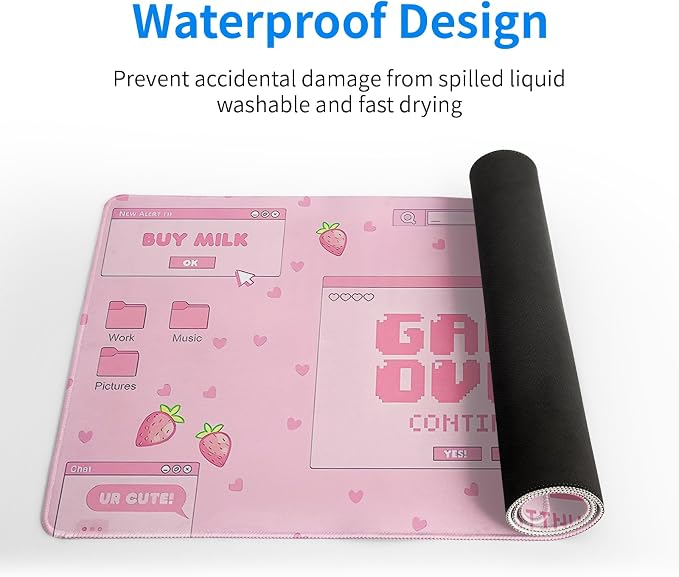 Pink Gaming Mouse Pad 27.6x11.8 Inch Pastel Game Over Large Mousepad Kawaii Office Decor for Women Non-Slip Rubber Base Stitched Edges Keyboard Mouse Mat Desk Pad for Office Home and Game - Image 4