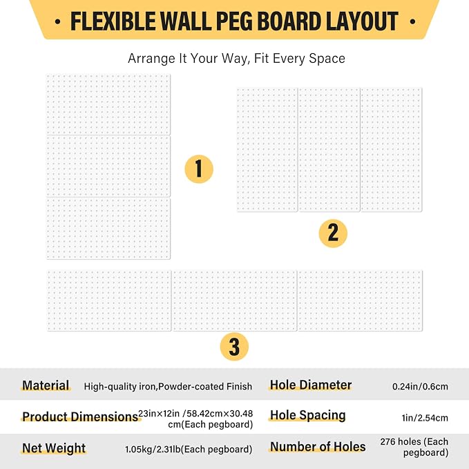 DEWEL 3 Pack White Metal Pegboard, 23x12 Inch Wall Organizer with Hooks - Image 6