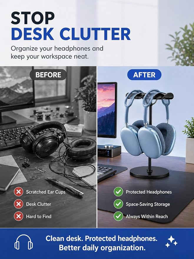 NQQNQQ【1PACK Aluminum Dual Headphone Stand for Over-Ear Gaming Headsets – Heavy Base Holder Compatible with Beats, Bose, ATH, AKG. DJ-O (Black) - Image 2