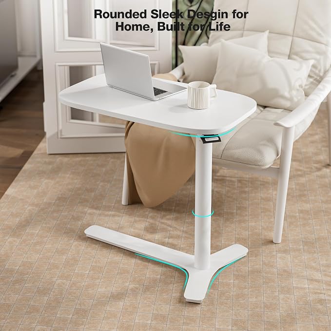 Muvai Overbed Bedside Table with Hidden Casters,30 Inches Adjustable Height Pneumatic Mobile Laptop Standing Desk, Rolling Computer Table for Home & Hospital Use ，White 30" W x 17.7" D - Image 9