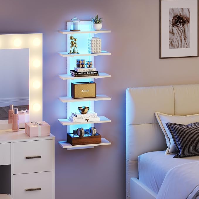 LED Wall Mounted Display Shelf with RGB Lights, 6-Tier Vertical Wall Shelf for Gaming Room, Bedroom and Living Room, Floating Shelves for Collectibles and Decor, 15"W x 5.5"D x 43.3"H, White - Image 5