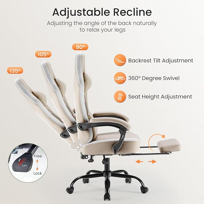 DUMOS Ergonomic Gaming Chair with Footrest, Video Game Chairs | Comfy Lumbar Support, Linkage Armrests, Tech Fabric, Pocket Spring Cushion, Office, Adults Students, Light Brown - Image 4