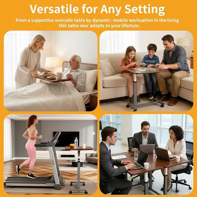Adjustable Overbed Table with Wheels, Pneumatic Height Lift Rolling Bedside Table, Standing Desk for Home & Office Use, Ideal for Seniors & Limited Mobility(Walnut Brown) - Image 7
