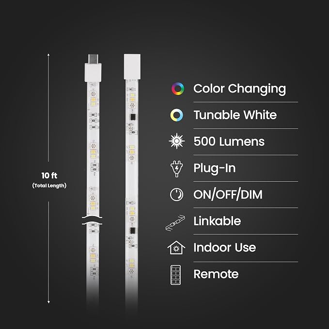 Feit Electric 10ft Chasing & Tunable White LED Tape Light, Dimmable, RGB Colors, Cut-to-Fit, Linkable up to 40ft, Slim 0.4in Width, Indoor/Outdoor Plug-In Light Strip, Remote Controlled, TAPE120/CHASE - Image 3