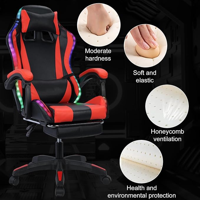 Gaming Chair with Bluetooth Speakers & Lights,Ergonomic High-Back Office Chair with Headrest & 135° Recline, 360° Swivel Height Adjustable Faux Leather Computer Chair for Gaming, Office & Study - Image 6