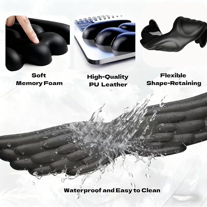 inbesk Angel Wing Wrist Rest Ergonomic Memory Foam Wrist Rest for Computer Keyboard Mouse Set, Cute Gaming Keyboard Cushion Hand Support PU Leather Surface Anti-Slip Waterproof Dirt Resistant (Black) - Image 3